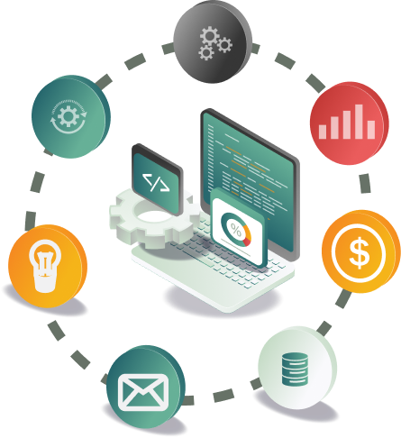 Isometric illustration of a laptop and phone surrounded by circular icons for settings, analytics, revenue, database, email, and ideas