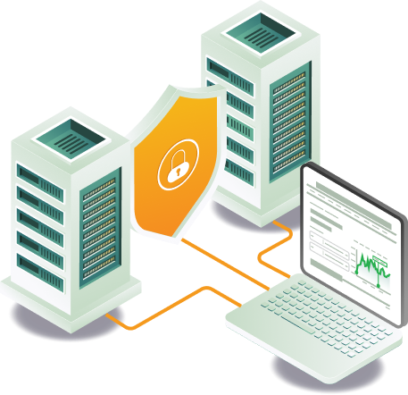 Isometric illustration of server towers protected by a security shield and connected to a laptop with analytics