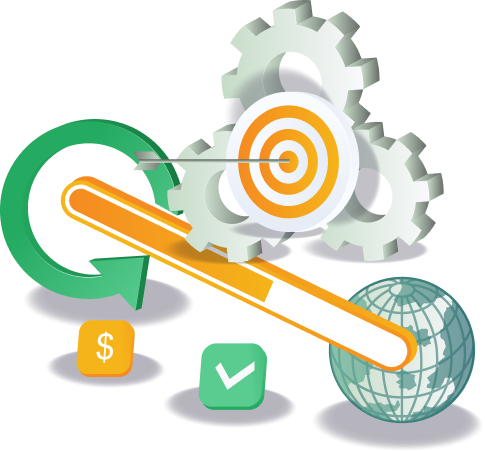 Illustration of a target, gear, globe, checkmark, dollar icon and recycling arrow representing a business improvement cycle