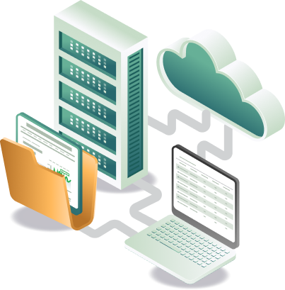 Isometric illustration of server racks, a cloud, a document folder, and a laptop representing IT infrastructure