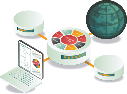 Isometric illustration of business planning with a laptop, data cylinders, a business wheel diagram, and a globe