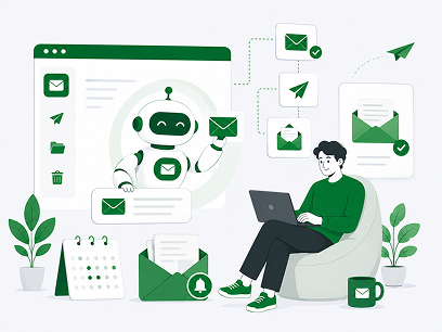 Illustration of a man with a laptop surrounded by an email robot, inbox windows, and mail notification icons representing automated email management