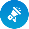 Blue circular icon with a white megaphone symbol