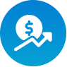 Blue circular icon with a white dollar coin and growth arrow symbol