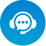 Blue circular icon with a white headset and chat symbol