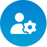 Blue circular icon with a white person and gear symbol