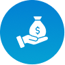 Blue circular icon with a white money bag and hands symbol
