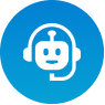 Blue circular icon with a white robot and headset symbol