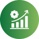 Green circular icon with a white gear, bar chart, and upward arrow symbol and cursor symbol