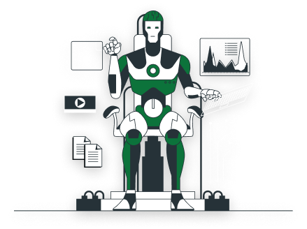 Illustration of a humanoid robot seated surrounded by video, document, chart, and circuit icons