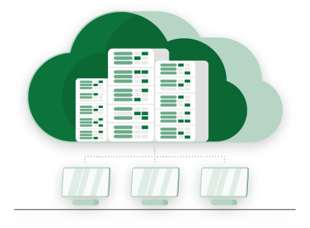 Illustration of server racks inside a cloud shape connected to three computer monitors below