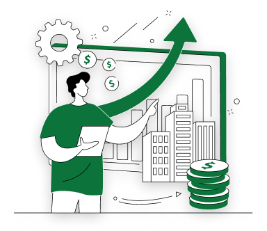 Illustration of a man pointing at a rising growth arrow with a bar chart, gear, dollar coins, and city buildings representing business growth