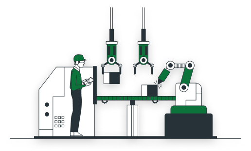 Illustration of a worker monitoring an automated manufacturing line with robotic arms assembling products