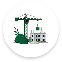 Circular icon with a green construction crane, hard hat, and building illustration representing the construction industry