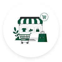 Circular icon with a green storefront, shopping cart, and bags illustration representing the retail industry