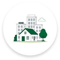 Circular icon with a green houses and city buildings illustration representing the real estate industry