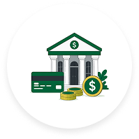 Circular icon with a green bank building, credit card, and coins illustration representing the banking and finance industry