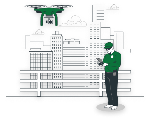 Illustration of a security drone flying over a city skyline next to a security officer using a tablet