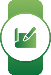 White circular badge on a green banner with a green document and pencil symbol