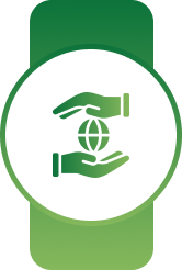 White circular badge on a green banner with green hands holding a globe symbol