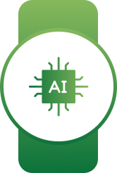 White circular badge on a green banner with a green AI microchip and circuit lines symbol