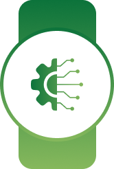 White circular badge on a green banner with a green gear and circuit connection lines symbol