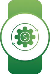 White circular badge on a green banner with a green gear and orbiting refresh arrows symbol
