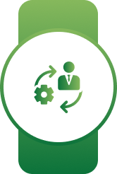 White circular badge on a green banner with a green person, gear, and refresh arrows symbol