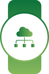 White circular badge on a green banner with a green cloud connected to nodes symbol