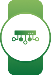 White circular badge on a green banner with a green server connected to nodes symbol