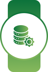 White circular badge on a green banner with a green database cylinder and gear symbol