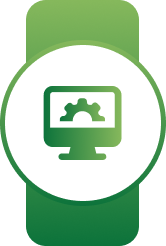 White circular badge on a green banner with a green monitor and gear symbol