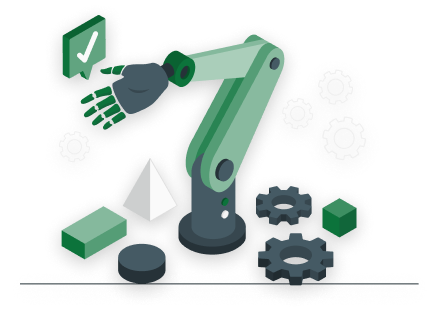 Illustration of a robotic arm sorting geometric shapes and gears beside a checklist panel