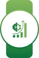 White circular badge on a green banner with a green brain and growth bar chart symbol