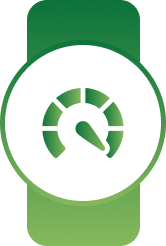 White circular badge on a green banner with a green speedometer gauge symbol