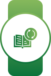 White circular badge on a green banner with a green open book and refresh arrows symbol
