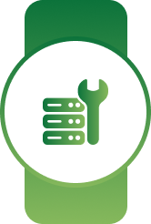 White circular badge on a green banner with a green server rack and wrench symbol