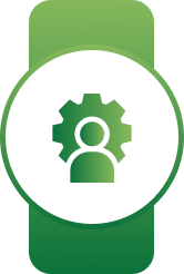 White circular badge on a green banner with a green gear and person symbol