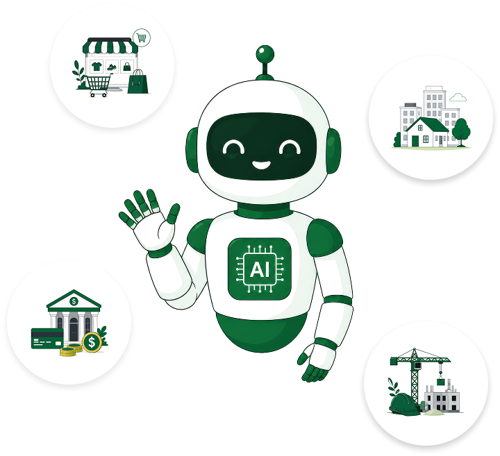 Illustration of a friendly AI robot waving surrounded by icons for retail, real estate, banking, and construction industries
