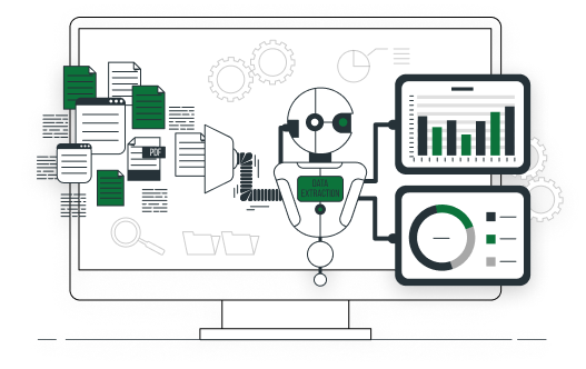 Illustration of a robot processing documents on a computer screen, outputting bar chart and donut chart analytics
