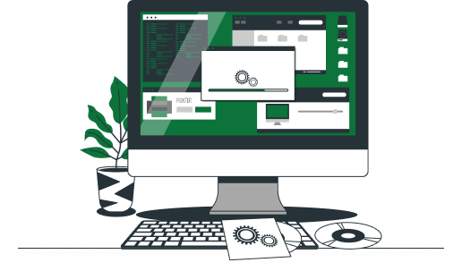 Illustration of a desktop computer displaying app windows with gear and settings icons, with a plant, keyboard, and discs on the desk