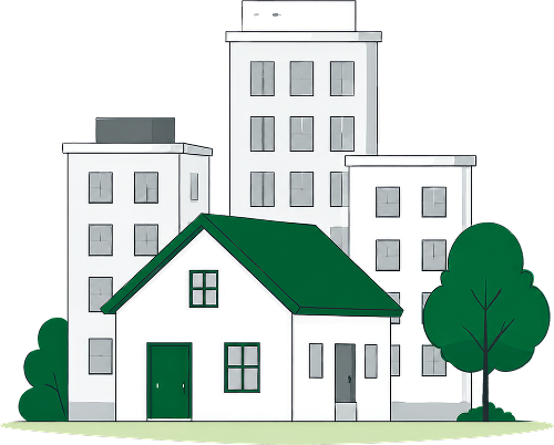 Illustration of a house in front of city apartment buildings representing real estate