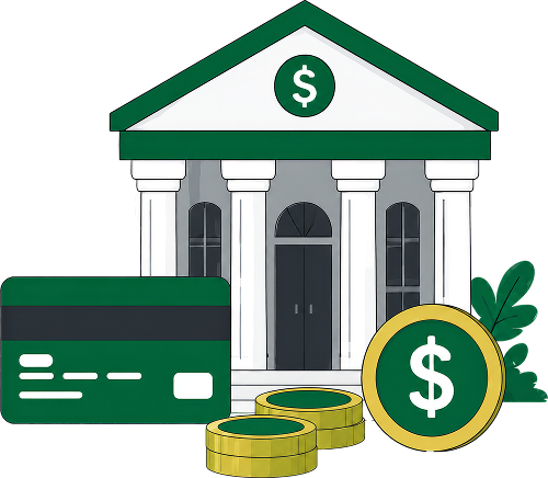 Illustration of a bank building, credit card, and gold coins representing banking and finance