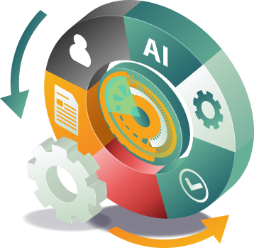 3D illustration of a circular wheel diagram labeled "AI" with segments for documents, settings, time, and gears