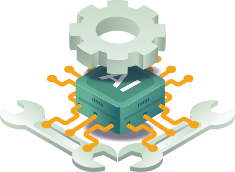 3D isometric illustration of a microchip connected to circuit lines with a gear and wrenches around it