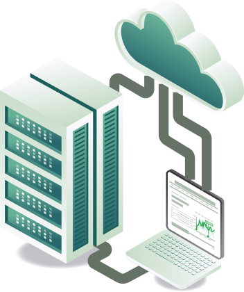 Isometric illustration of server racks connected to a cloud and a laptop displaying analytics
