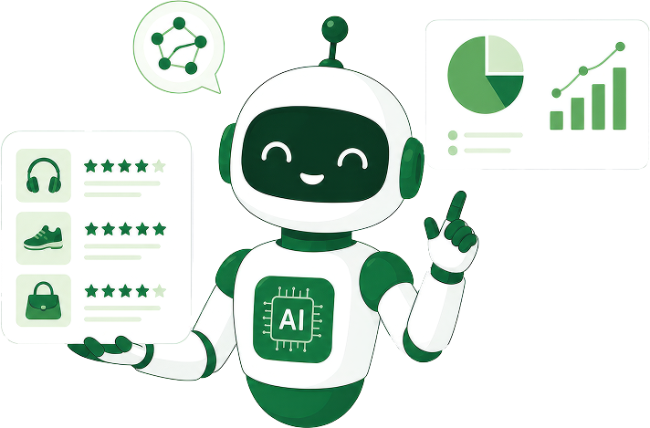 Illustration of an AI robot mascot displaying product recommendation ratings, a network diagram, and analytics charts representing recommendation and intelligence systems