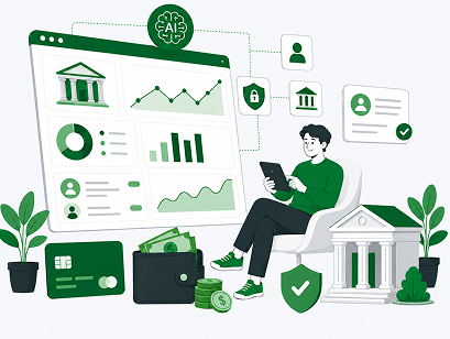 Illustration of a man reviewing AI-powered banking and finance dashboards, with a bank building, wallet, cards, and security shield