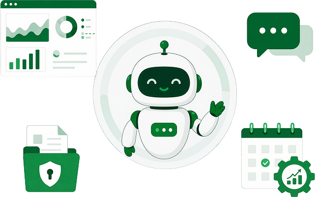 Illustration of a friendly AI chatbot robot surrounded by dashboard charts, a chat bubble, a secure document folder, and a calendar with a growth icon