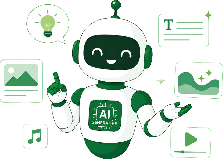 Illustration of an AI robot mascot with a lightbulb idea icon, text, image, music, and video generation icons representing generative AI